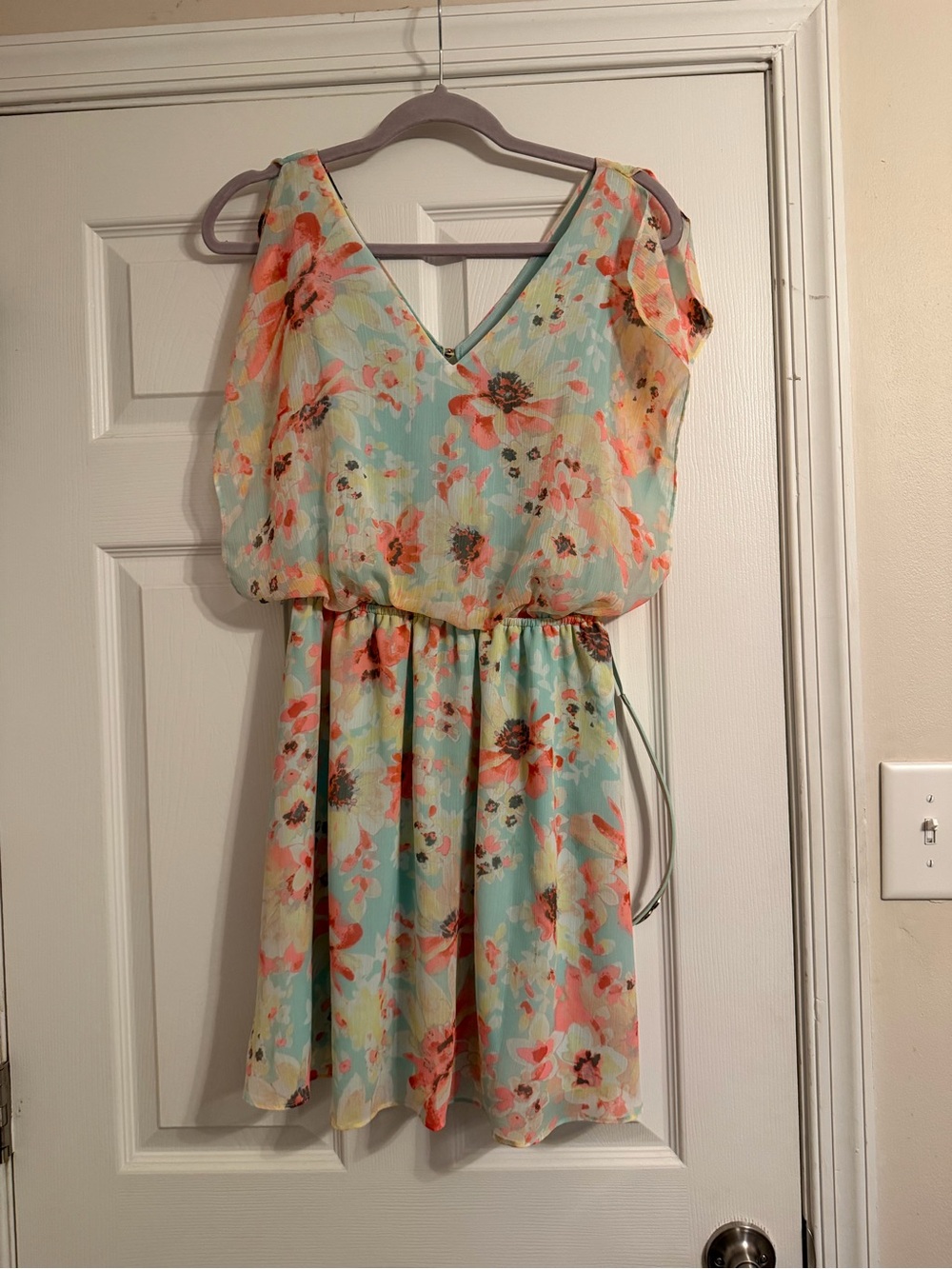 Candie's Aqua Floral V-Neck Mini Dress with Coral Accents